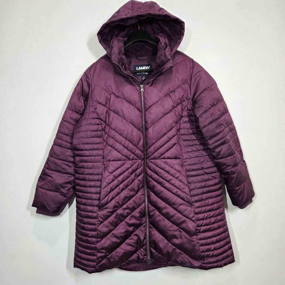 Lands End Coat Womens 1X Purple Insulated Quilted Hooded Long Parka